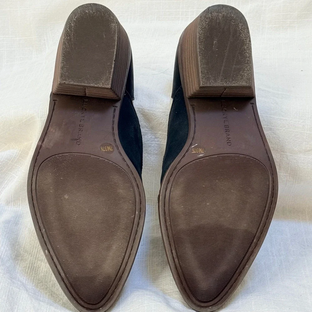Lucky Brand Mizina Booties 7M Black d'Orsay Pointed Toe Block Heel Loafers